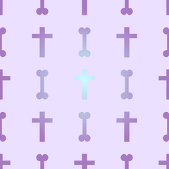 Seamless background with crosses and bones in the style of pastel goth in pink and purple tones.