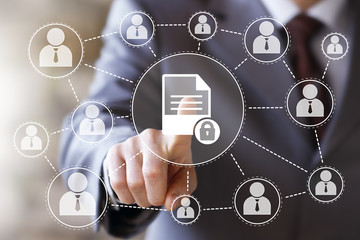 Businessman presses button security lock file document web network