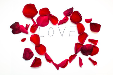 Heart Shaped Red Rose Petals With Love Word Text Message Isolated In White Background