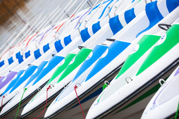 colorful Catamaran boats rent near the lake shore