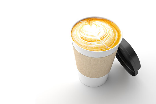 Paper cup of coffee latte on white background. 3D illustration