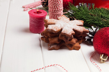 Red Christmas decor and gingerbread cookies