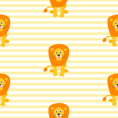 Cute lion seamless vector pattern. Cartoon yellow lion wild safari animal on striped background for kid textile prints and apparel.