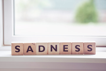 Sadness word made of wood