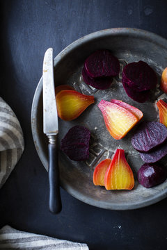 Sliced beetroot in pan