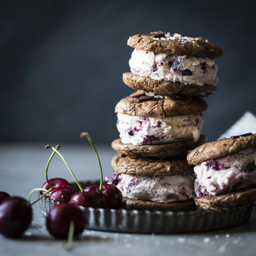 Roasted cherry ice cream sandwiches with salted double chocolate