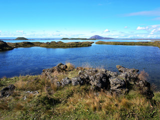 Fototapeta na wymiar The Lake Myvatn at the beginning of autumn, northern Iceland