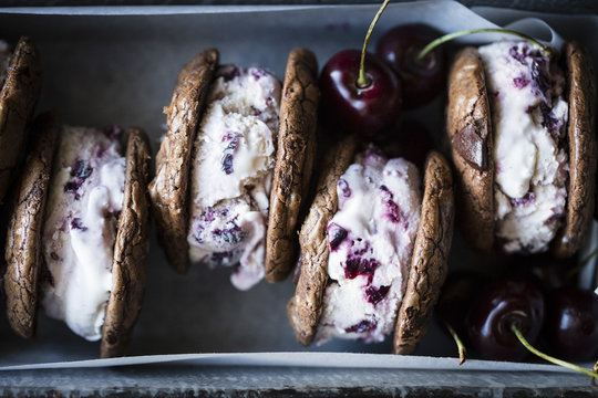 Cherry ice cream sandwiches with chocolate buckwheat cookies