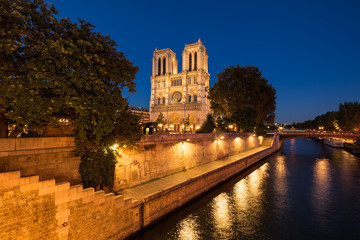 Fototapeta na wymiar Notre Dame de Paris cathedral illuminated at twilight with the Seine River and the Pont au Double on Ile de La Cite. Summer evening in the 4th Arrondissement, Paris, France
