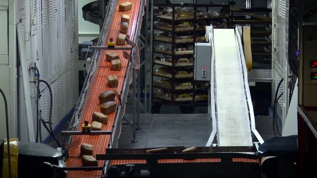 Bakery. Bread Loaves Moving on Conveyer, Stepping to the Other, Going Up. Metal Shelves With Ready Products in the Boxes at the Corner, Small Room
