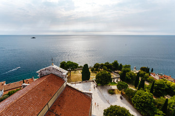 Panoramic sea views from the bell tower Church of St. Euphemia in the old town of Rovinj, Croatia.