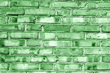 Grungy green toned brick house wall.