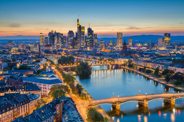 Frankfurt am Main. Image of Frankfurt am Main skyline during twilight blue hour. - obrazy, fototapety, plakaty