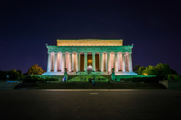 The Lincoln Memorial at night at the National Mall in Washington