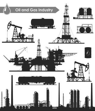 Set of oil and gas industry silhouettes.  Oil refinery, offshore sea oil drilling rig, land oil drilling rig, oil pumpjack, barrel and railroad oil tank. Vector illustration.
