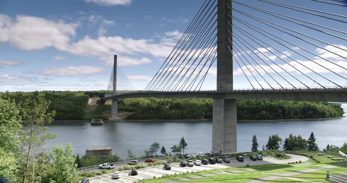 Panning shot of Penobscot Narrows Bridge