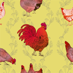 Rooster and chickens. Seamless vector background.