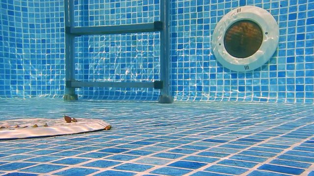 A swimming pool filter on a floor working underwater near a step ladder.