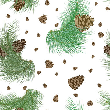 Seamless pattern with pinecones and realistic christmas tree green branches. Fir, spruce design or background for invitation, poster, greeting cards, wallpaper. New year holiday vector illustration.
