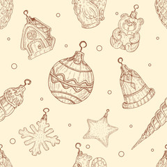 Christmas toys seamless pattern in in hand drawn style.