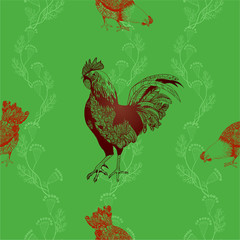 Rooster and chickens. Seamless vector background.
