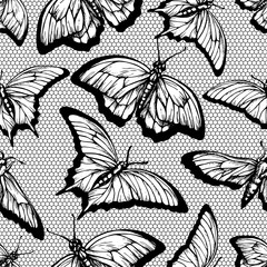 Black lace seamless pattern with butterflies and lattice on white background