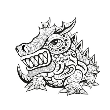 Zentangle tribal dragon designs, black and white ornament graphics. Suitable for tattoo, pendant, carving, coloring book. vector illustration.