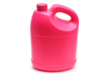 Pink plastic gallon on white background