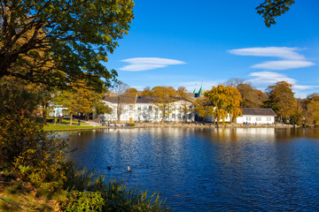 Fototapeta premium City Park with a lake in the city center in Stavanger, Norway.