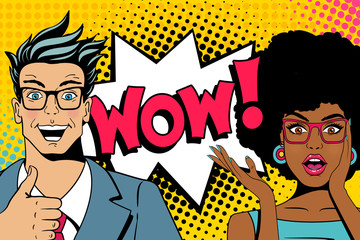 Wow couple. Handsome happy young surprised  man and sexy woman in glasses with open mouths and speech bubble with wow lettering. Vector colorful cartoon background in pop art comic retro style.