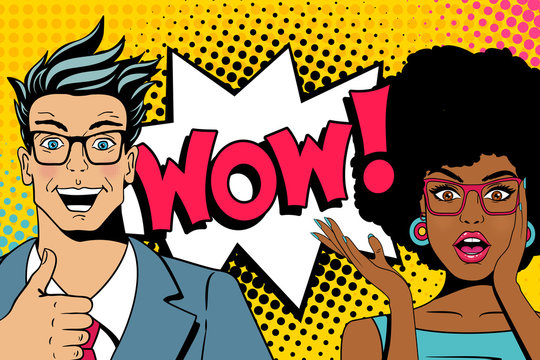 Wow couple. Handsome happy young surprised  man and sexy woman in glasses with open mouths and speech bubble with wow lettering. Vector colorful cartoon background in pop art comic retro style.
