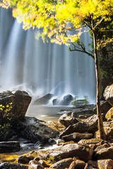 Foto op Plexiglas Sunny day at tropical rain forest landscape with flowing blue water of Kulen waterfall in Cambodia © PerfectLazybones