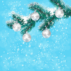 Fototapeta na wymiar Christmas, New Year's card. Silver balls on a branch blue Christmas tree. Background of falling snow. illustration