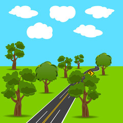 Intersections and branch roads in the animated style. Green trees. Landscape.  illustration