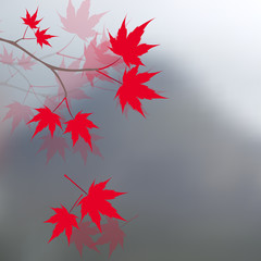 Red maple leaves on the branches. Japanese red maple on a background of mountains in the mist. Landscape.  illustration