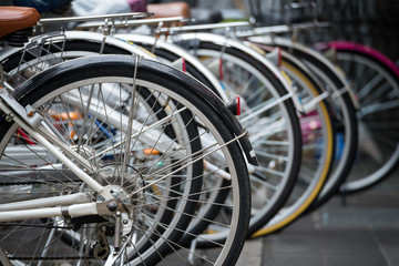 Fototapeta na wymiar Bicycles parking waiting for cycling in Japan