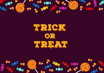 Trick or treat inscription with horizontal border made of candies. Happy Halloween holiday concept greeting card