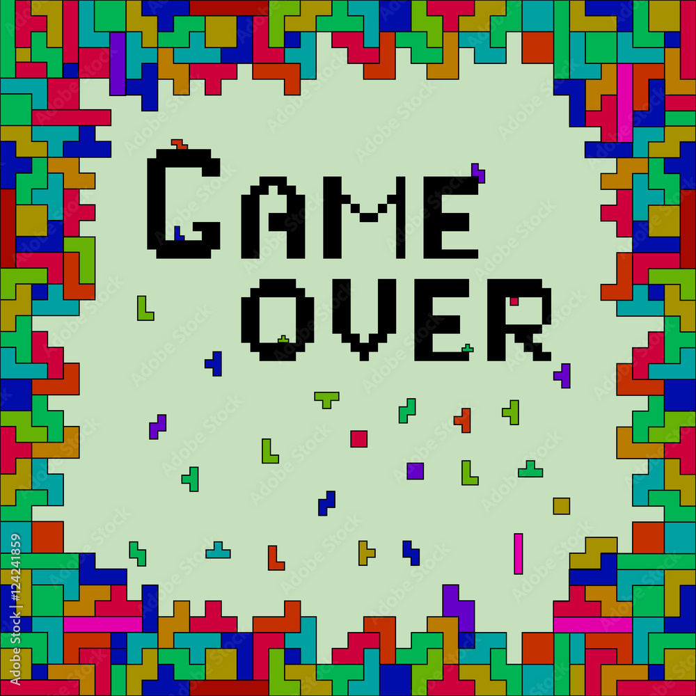 Poster game over. vector of pixel art with colorful abstract background