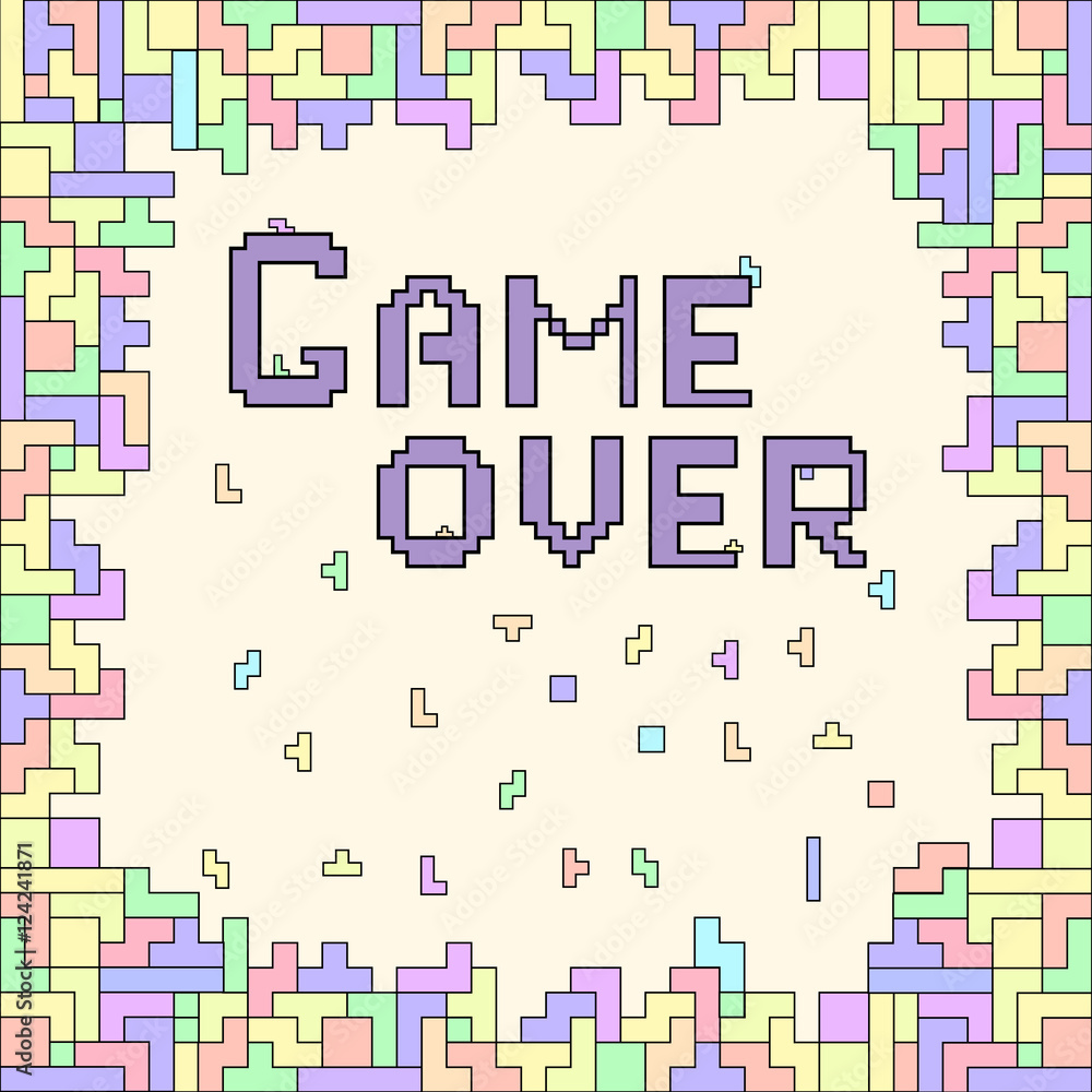Poster game over. vector of pixel art with colorful abstract background