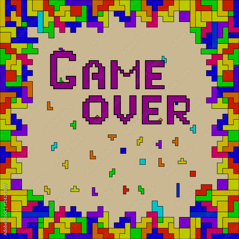Poster game over. vector of pixel art with colorful abstract background