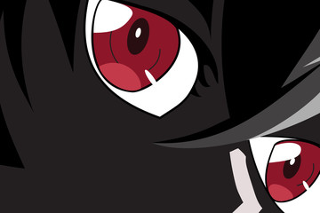 Anime eyes. Red eyes on black background. Anime face from cartoon. Backdrop for poster. Vector illustration - 124242208