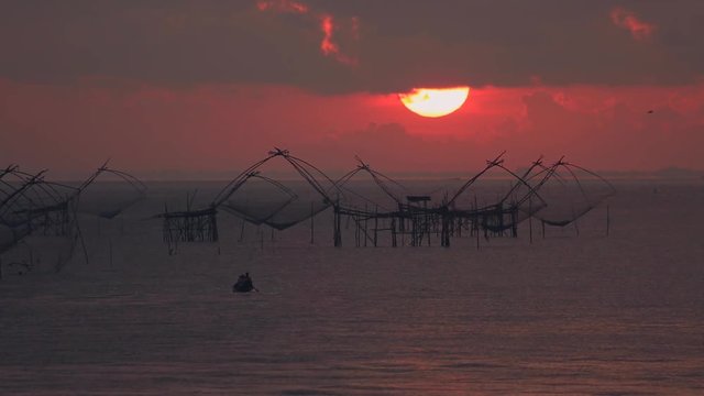 Thai style fishing trap in Pak Pra Village, Net Fishing Thailand, Thailand Shrimp Fishing, Phatthalung, Thailand.