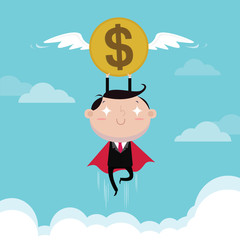 Businessman flying catch money in air, vector cartoon