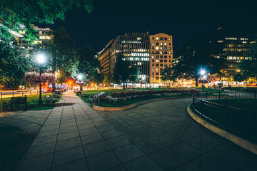 Walkway and buildings at Farragut Square at night, in Washington