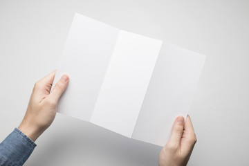 Obraz premium Hands are holding a Dl Z-Fold white paper poster