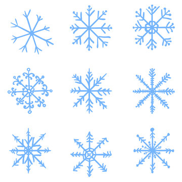 Vector Set of Blue Sketch Snowflakes