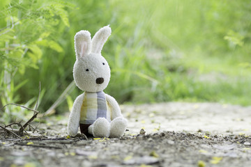 Stuffed rabbit sat on the ground.