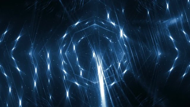 Background blue motion with fractal design on black background. Disco spectrum lights concert spot bulb. Light Tunnel. Seamless loop.