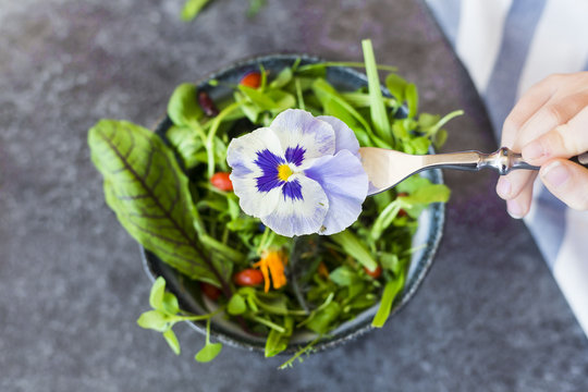 Girl's hand holding fork with pansy in front of bowl with wild-herb salad
