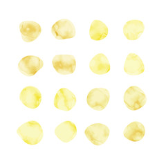 Vector yellow watercolor spots. Stained petals. Hand painted circles set.